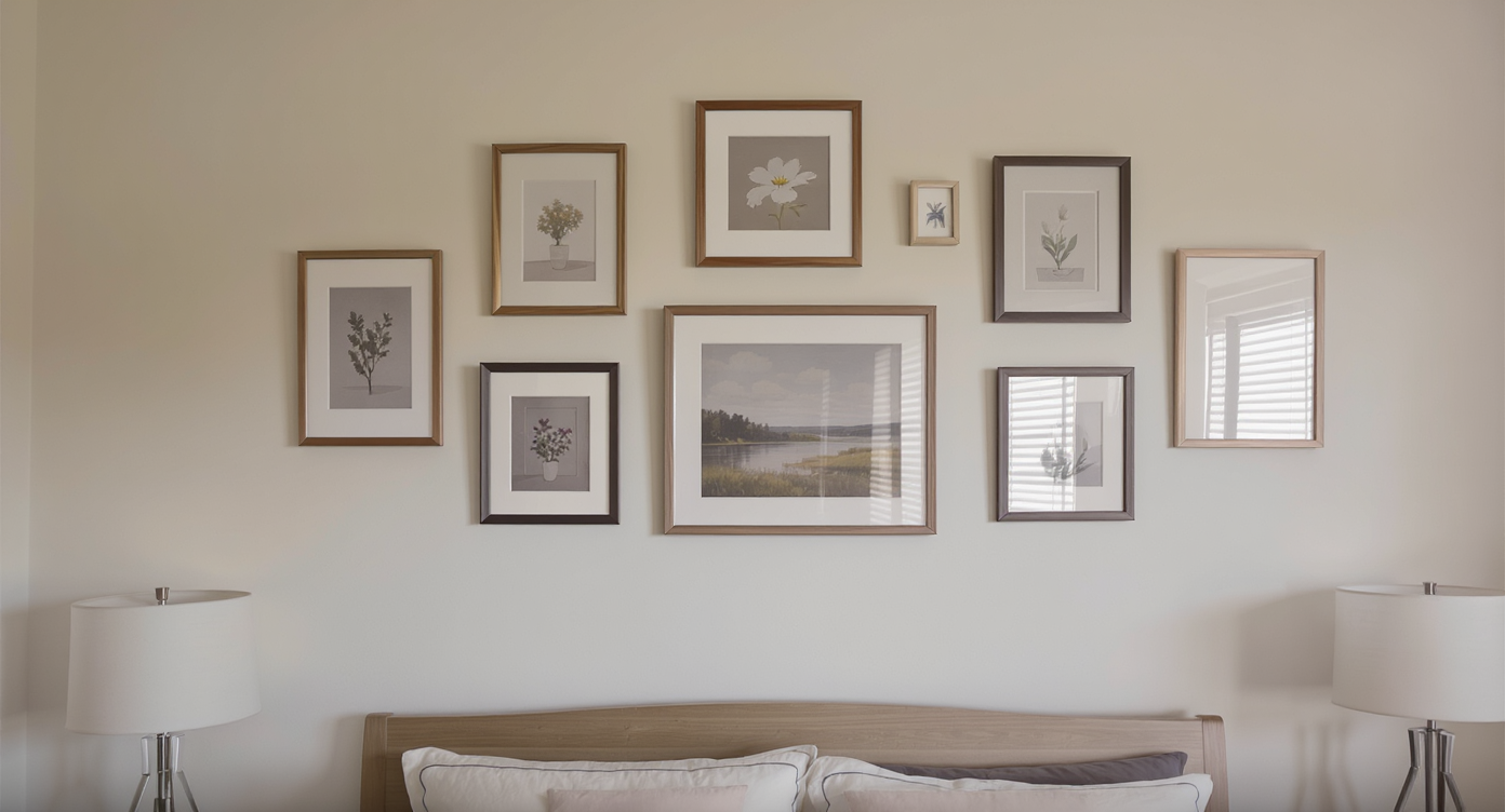 A bedroom wall featuring a gallery of smaller framed artworks, creating a balanced visual appeal.
