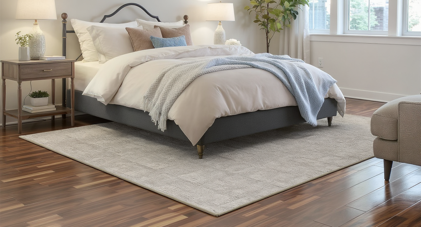 A bedroom with a textured rug placed under the bed, enhancing warmth and grounding the space.