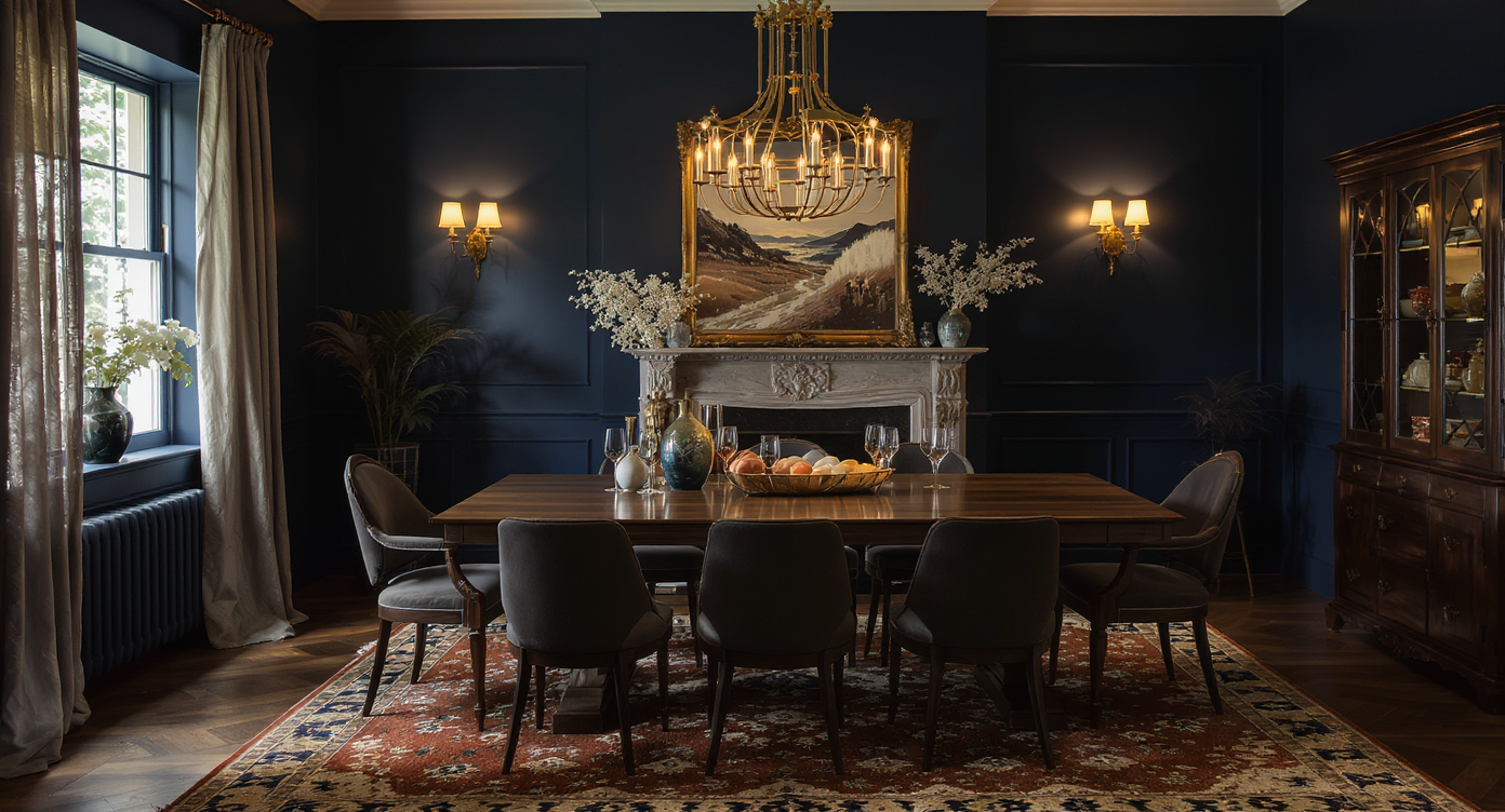Dining room showcasing deep navy walls, a wooden table, and a textured earthy-toned rug for a moody atmosphere.
