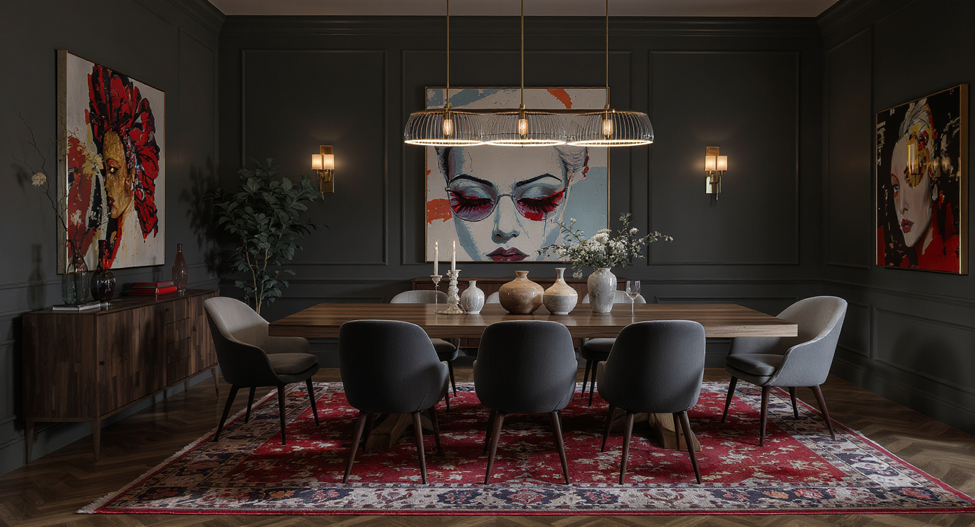 Sophisticated dining room with bold wall art and dynamic lighting, enhancing the decor and atmosphere.