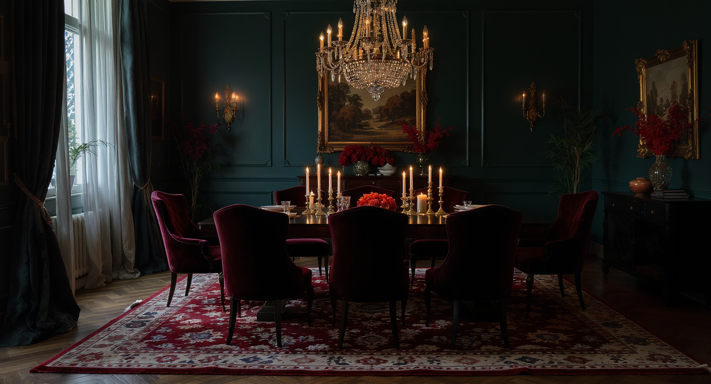 Luxurious moody dining room with a dark wooden table, velvet chairs, and a rich rug creating a cozy atmosphere.