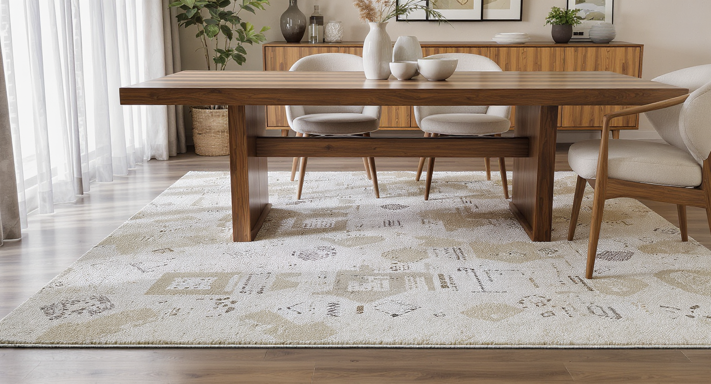 Modern dining room with a durable, easy-to-maintain rug under a sleek table, combining style and functionality.