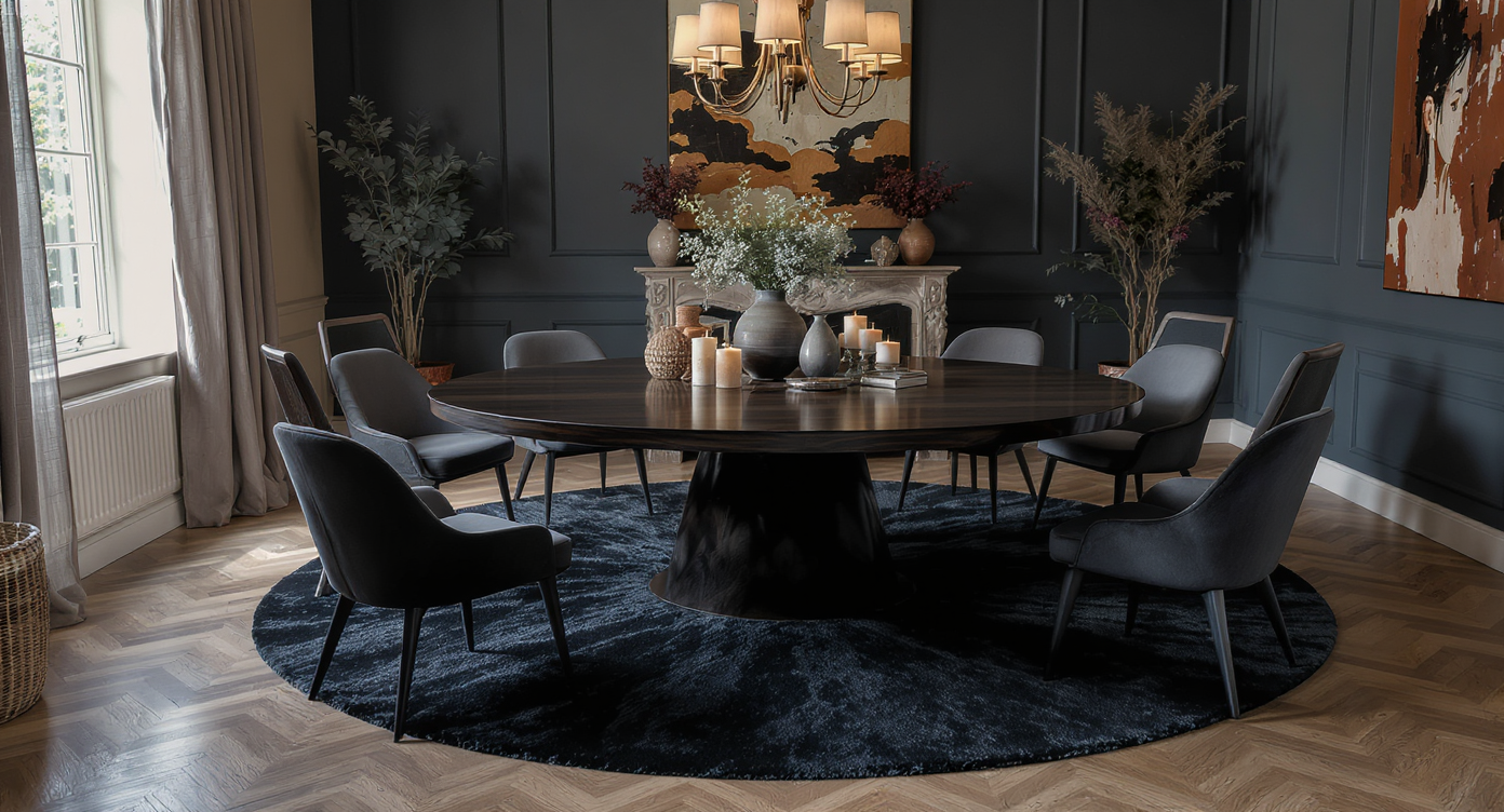 Stylish moody dining room with a round table and dark oversized rug, accentuated by lovely decor elements.