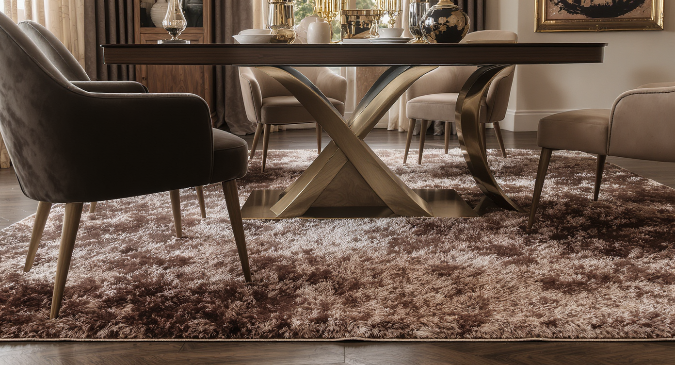 Dining room with layered rugs, velvet chairs, and a polished table, highlighting varied textures in decor.