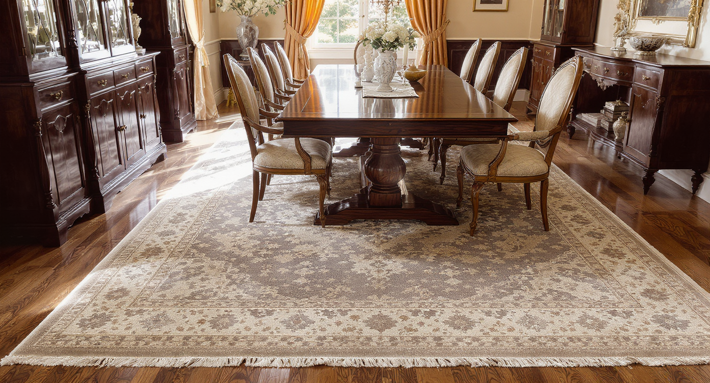 Dining room with a long table and subtly patterned rug, blending with furnishings and textures.