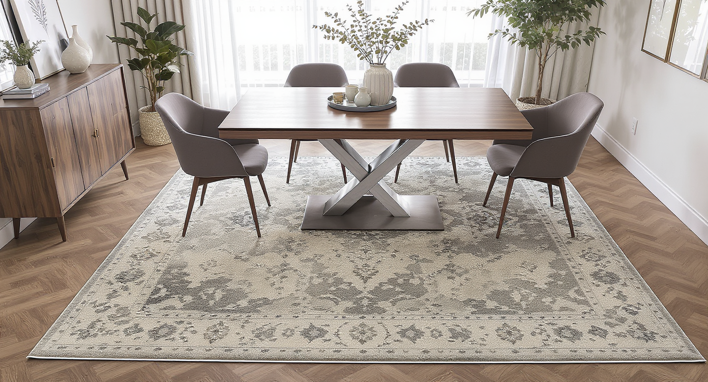 Dining room with a large rectangular rug placed under a stylish dining table, emphasizing size and shape contrast.