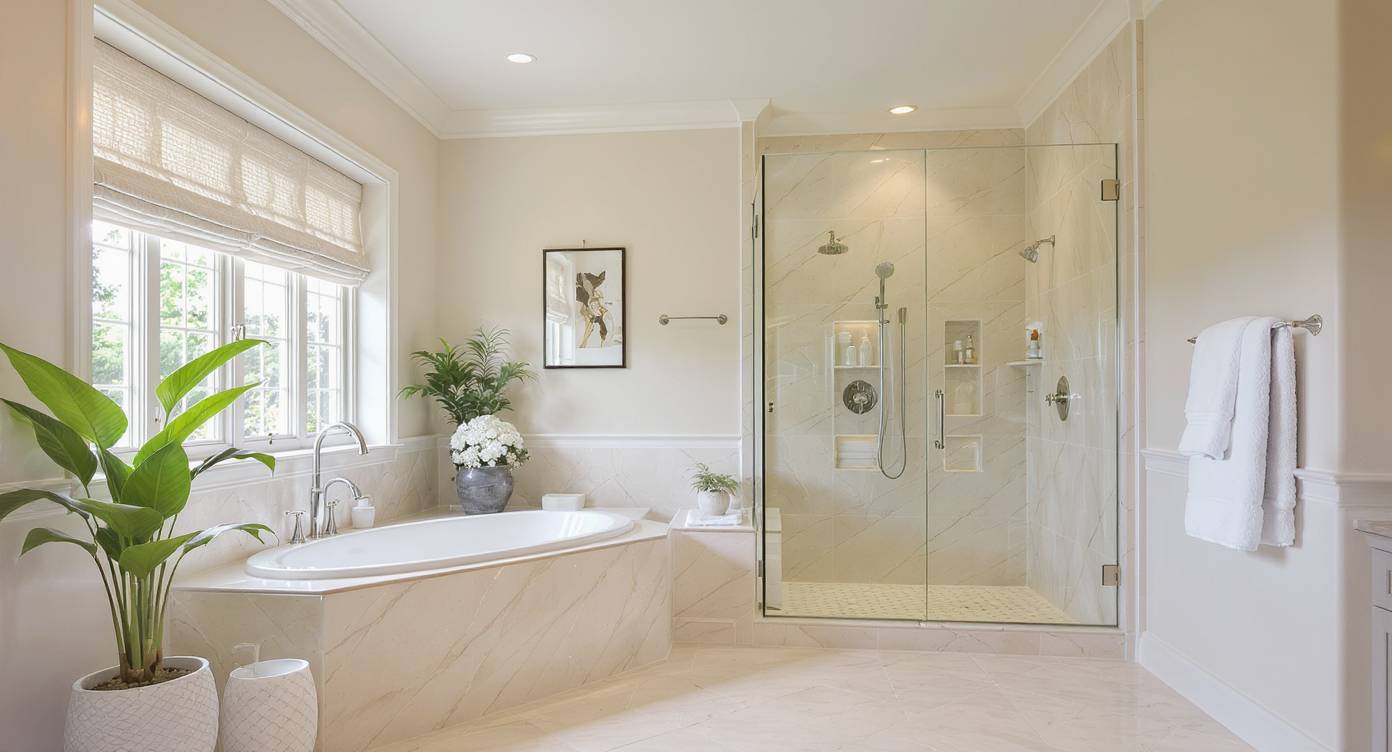 A beautifully designed master bathroom featuring a soaking tub, glass shower, and natural light.