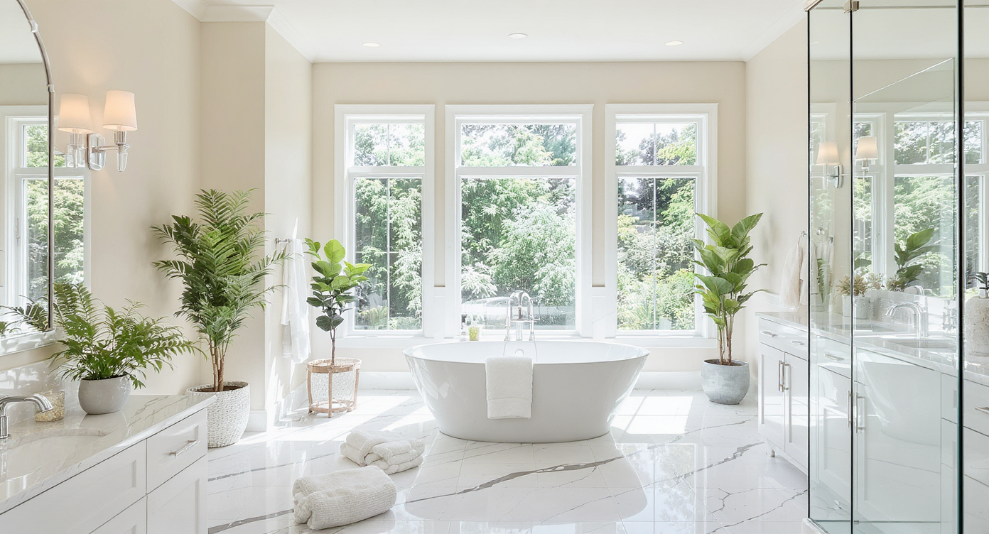 A master bathroom bathed in natural light, highlighting bright colors and reflective surfaces.