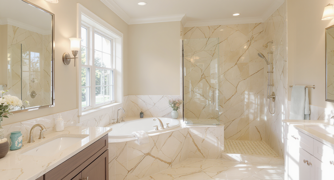 A bright master bath showcasing multiple lighting options, including natural light.