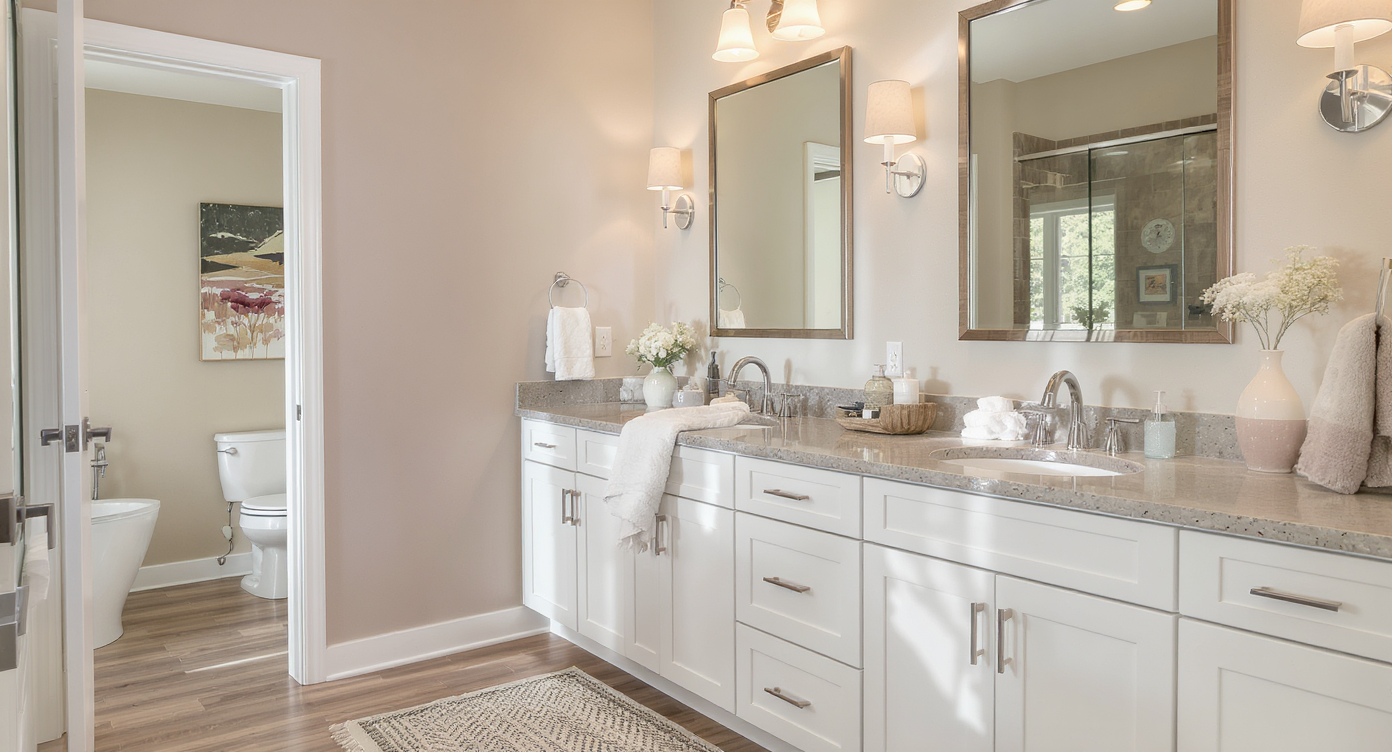 An elegant master bathroom showcasing a modern double vanity and natural lighting.