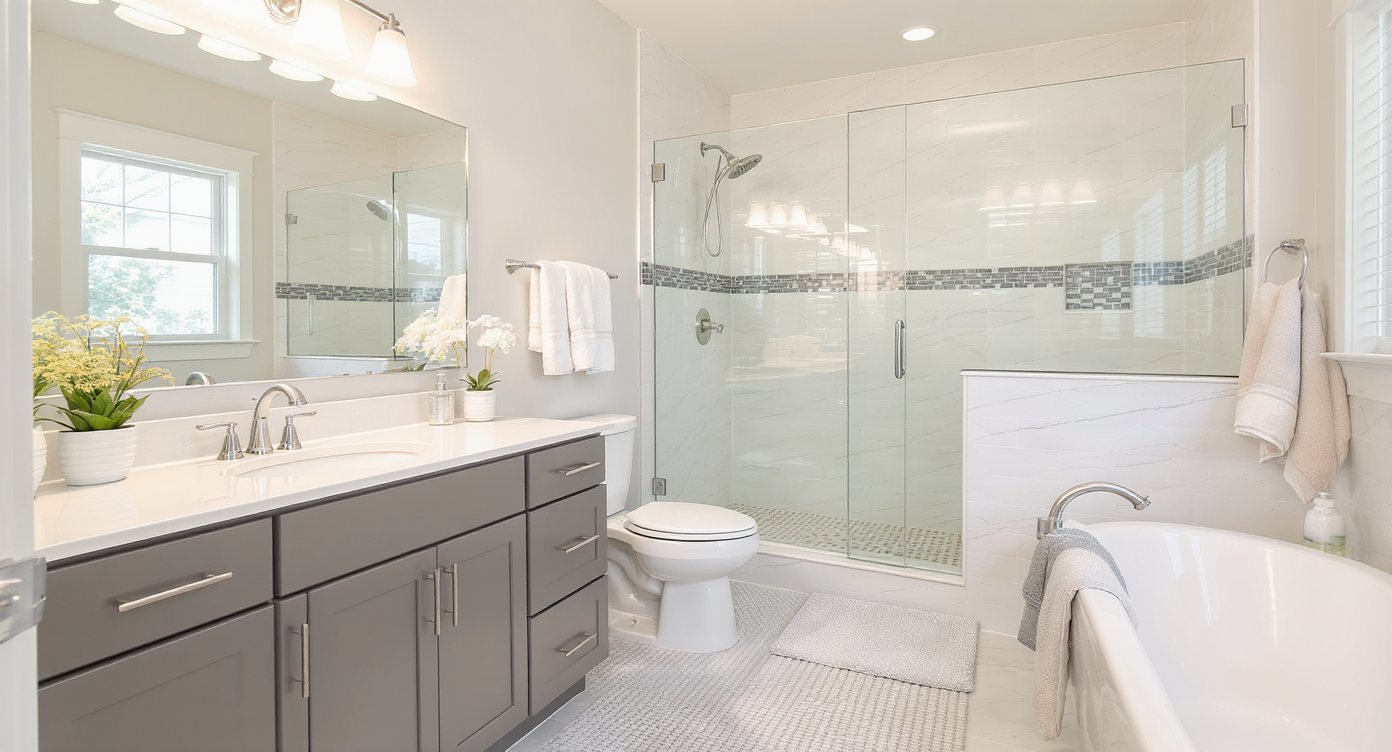 A well-organized master bathroom layout showcasing functional design elements.