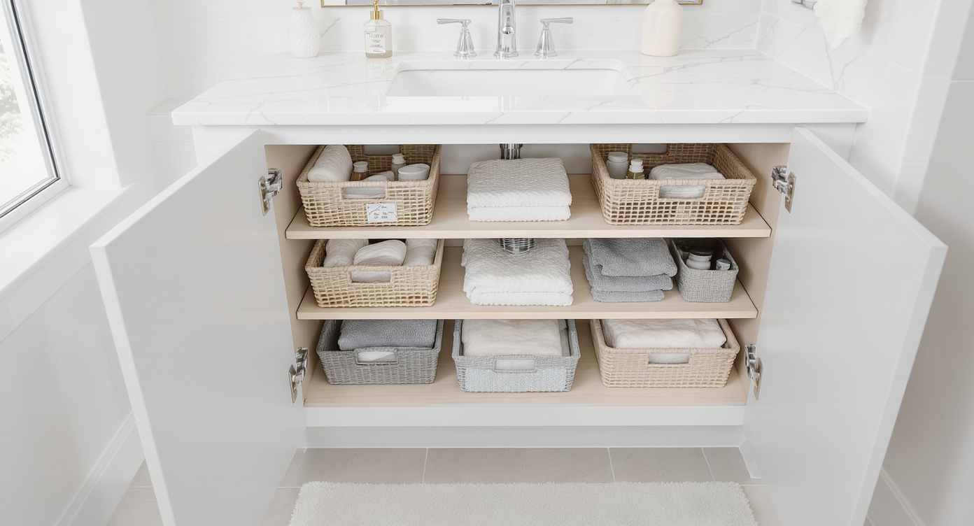 A master bath with innovative hidden storage solutions optimizing space and organization.