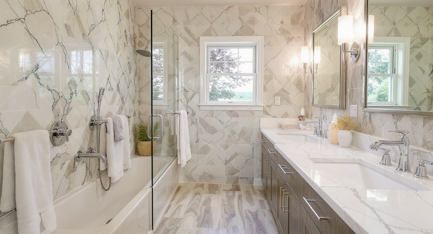 A stylish master bath featuring harmonious tiles and color palette for a cohesive design.