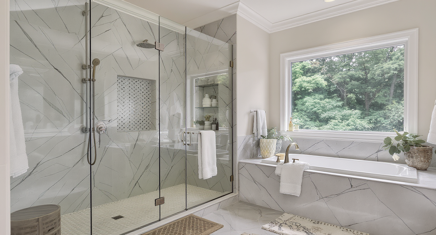 An elegant shower and soaking tub setup in a master bathroom highlighting design details.