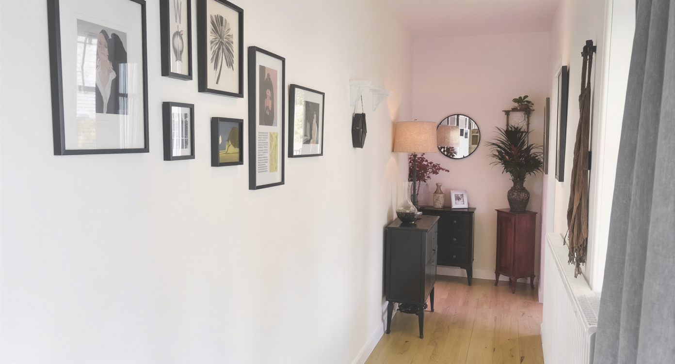 A decorated hallway with bright walls showcasing dark artwork and accessories, creating a warm and inviting atmosphere.