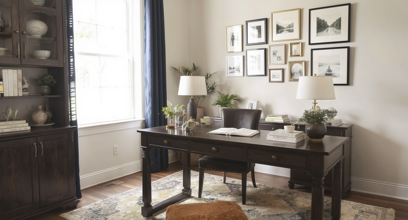 A stylish study with a dark wood desk, dark leather chair, and light walls, complemented by a gallery of artwork.