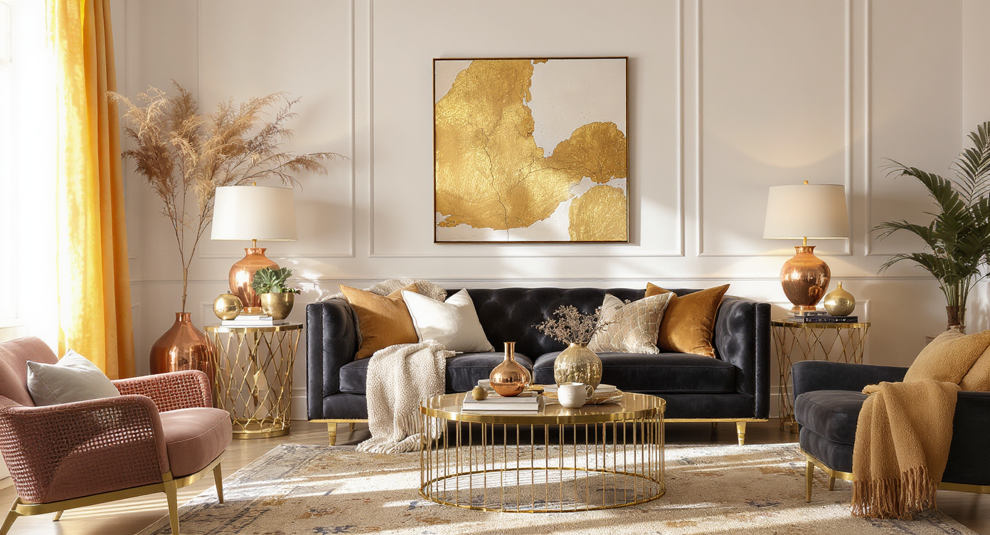 A stylish living room with light walls, a dark leather sofa, and warm metal accents in brass and copper, inviting comfort.