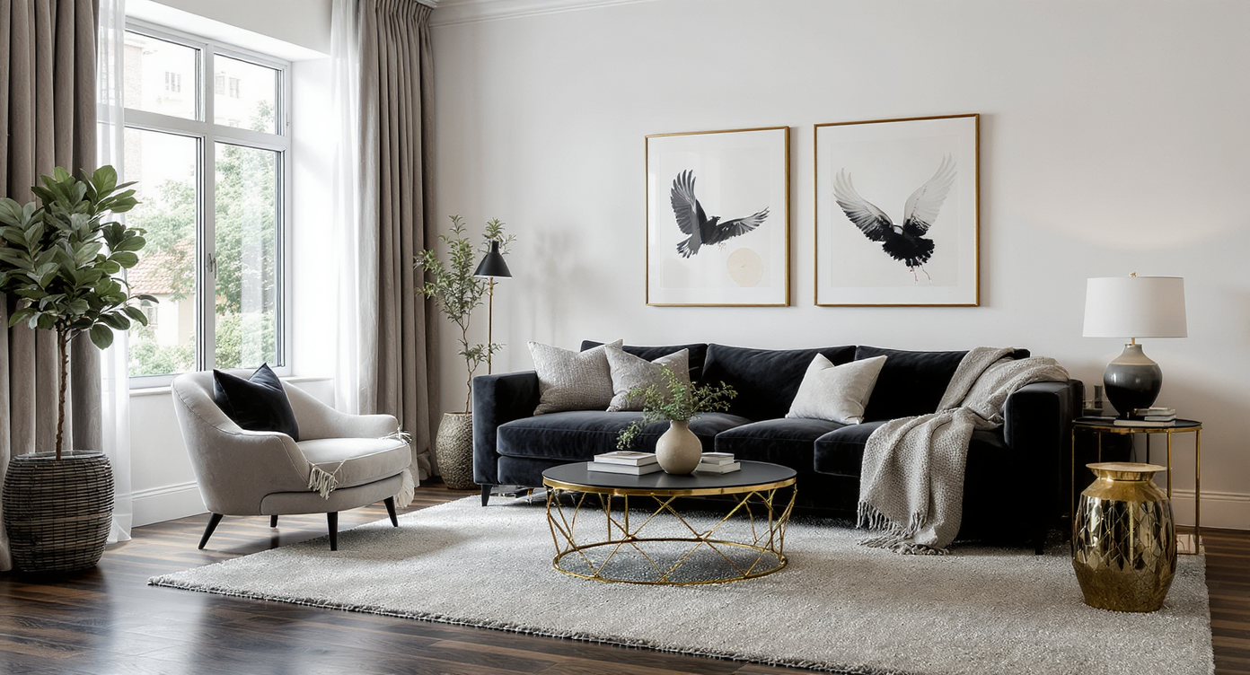 A modern living room with dark accents such as a charcoal sofa and black coffee table, contrasted by light walls and warm natural lighting.