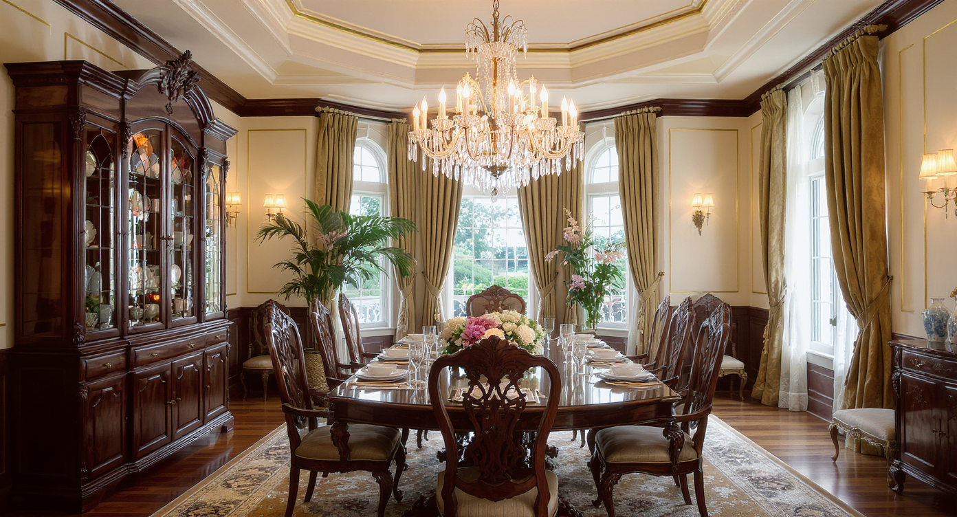 An elegant dining room with dark wood furniture and a stunning chandelier, illuminated by natural light through tall windows.