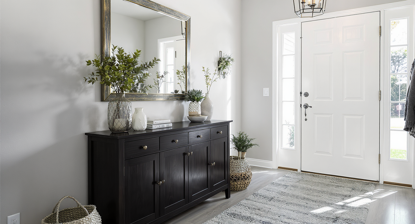 A stylish entryway with a dark wood console table and light walls, reflecting warm natural light and decorative elements.