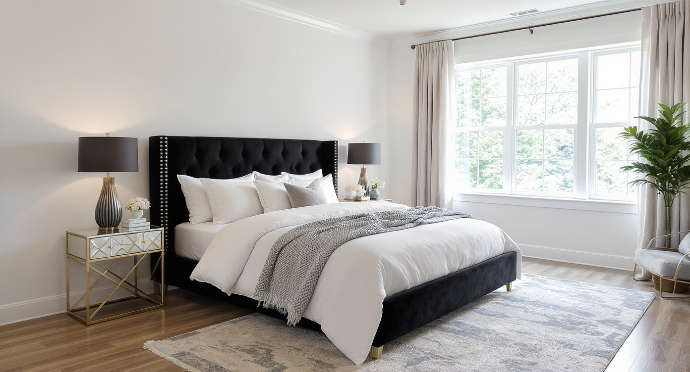 A modern bedroom with light walls and dark furniture, featuring a black headboard and plush white bedding under natural light.