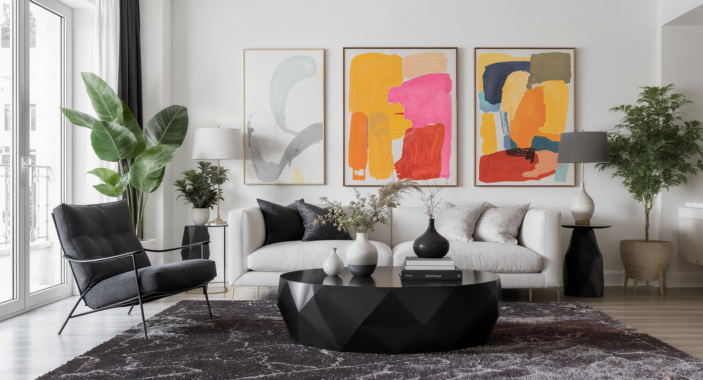 A minimalist living space featuring a black metal coffee table and dark accents, accentuated by colorful artwork on light walls.