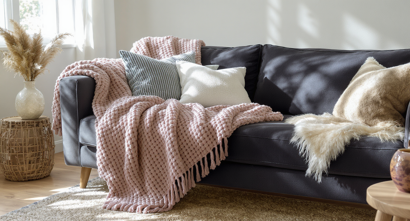 A cozy family room with a dark grey sofa, chunky blankets, and plush pillows, adorned with textiles against light walls.