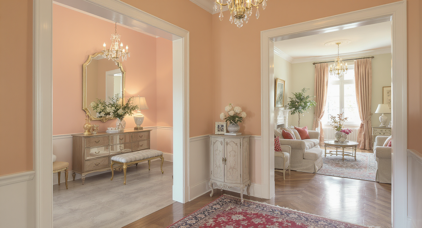 Spacious entryway linking rooms with soft pastel colors, stylish decor, and effective light fixtures in a historic home.