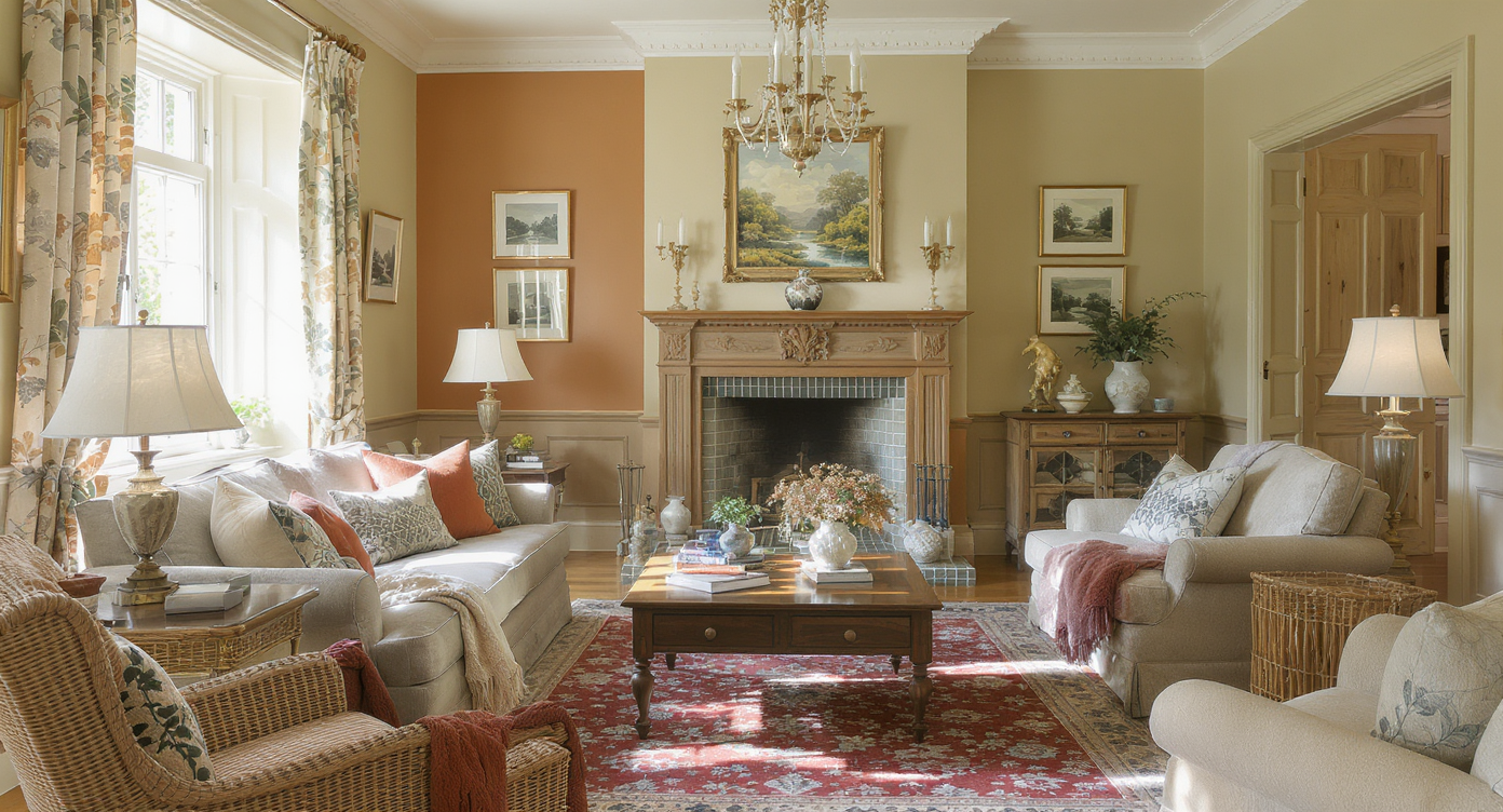 Family room with restored wooden features and earthy tones, showcasing material heritage while offering a cozy atmosphere.