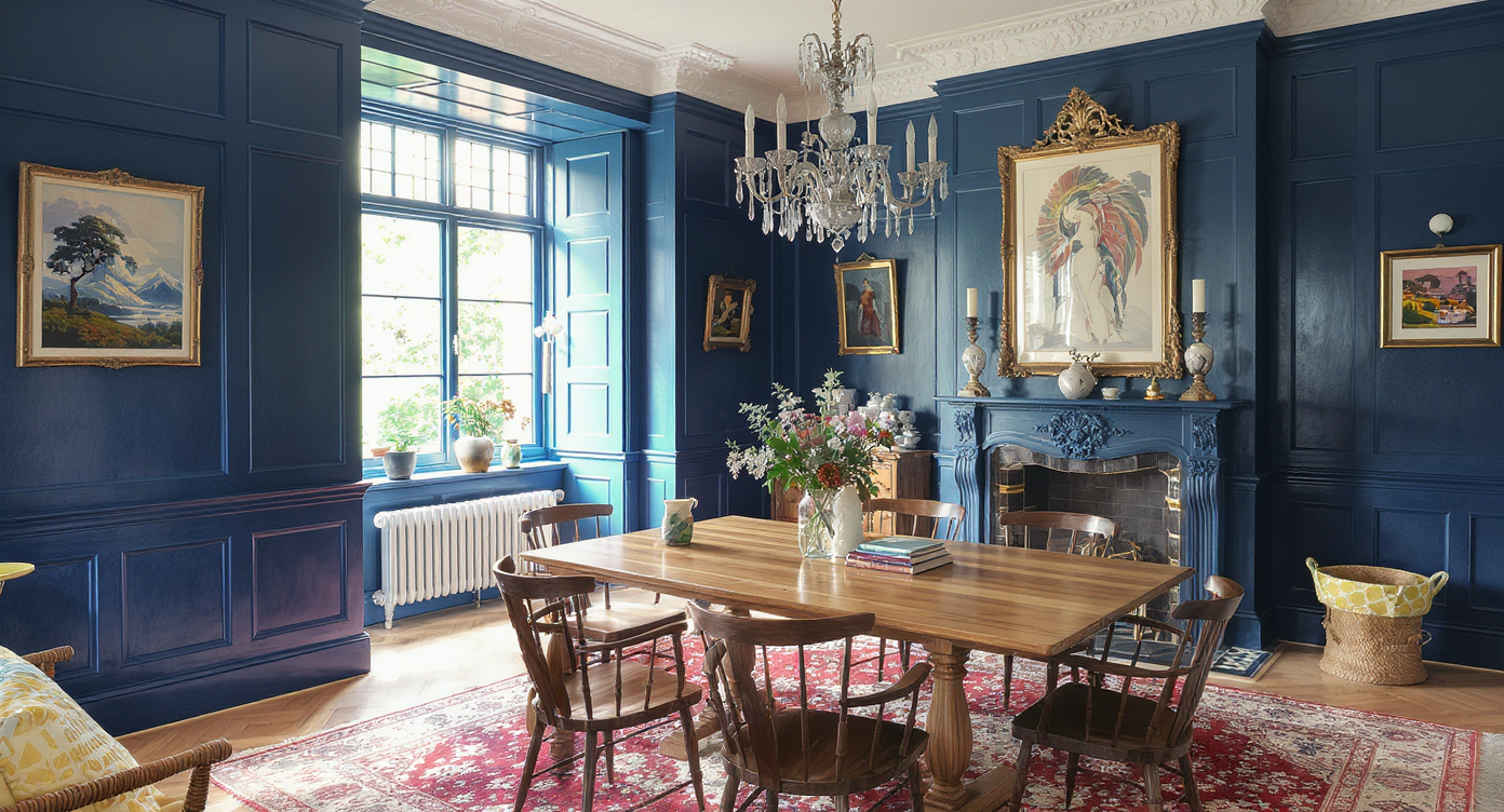 Refurbished dining room with indigo paneling, modern oak table, eclectic artwork, and abundant natural light in a historic home.