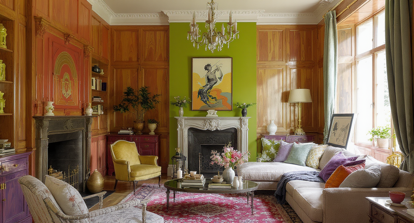 Cozy living room in a historic home with green and beige colorful paneling, modern furnishings, and natural light.
