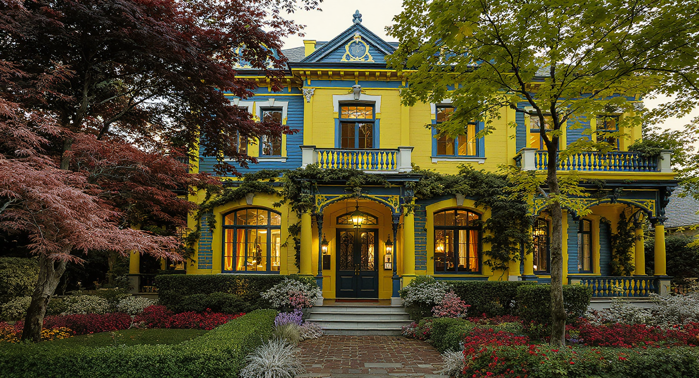 Historic home with bold blue and yellow exterior paneling, surrounded by greenery, warm lighting highlights design.