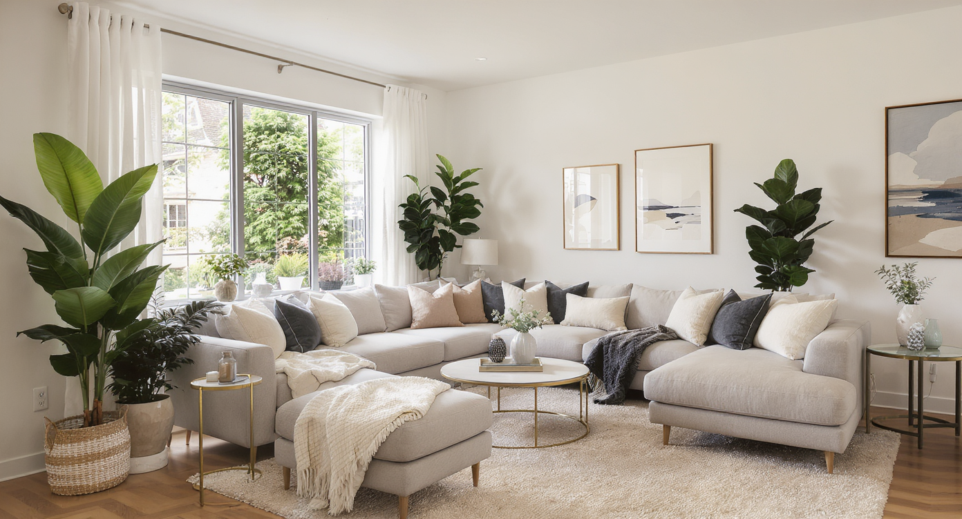 Modern living room with large windows, neutral-toned sectional sofa, and vibrant indoor plants.