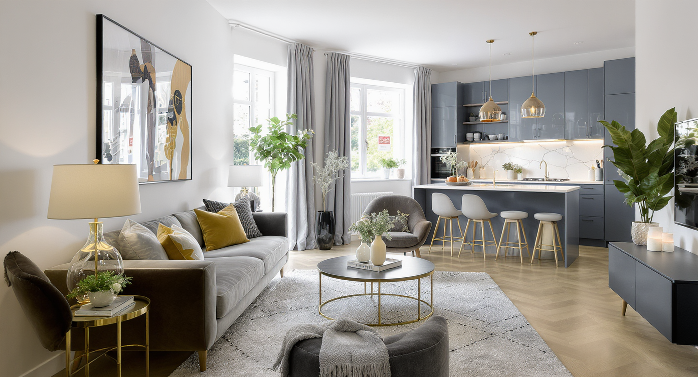 Stylishly staged modern living room highlighting investment potential for buyers.