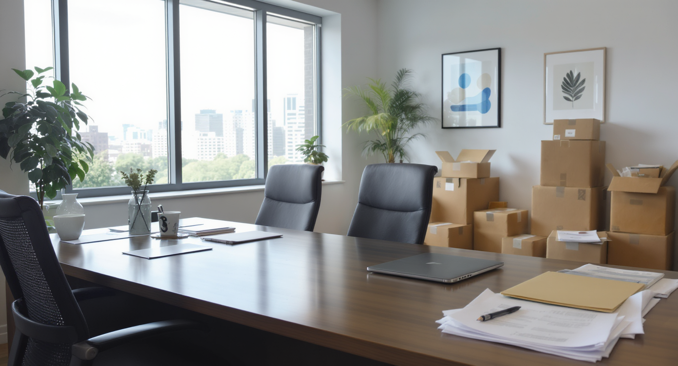 Well-designed office space with a desk, city views, and boxes for relocation.