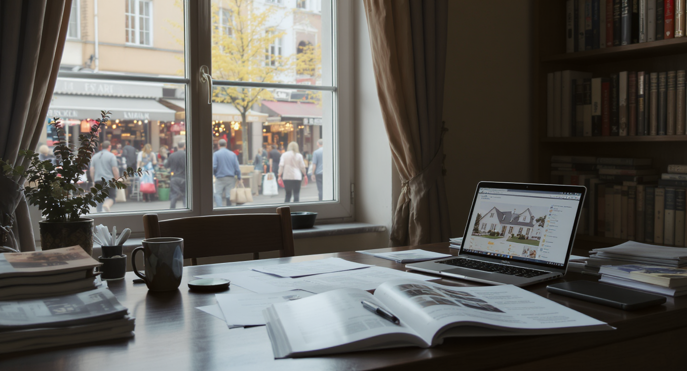 Cozy study filled with financial documents and a view of a vibrant market street.