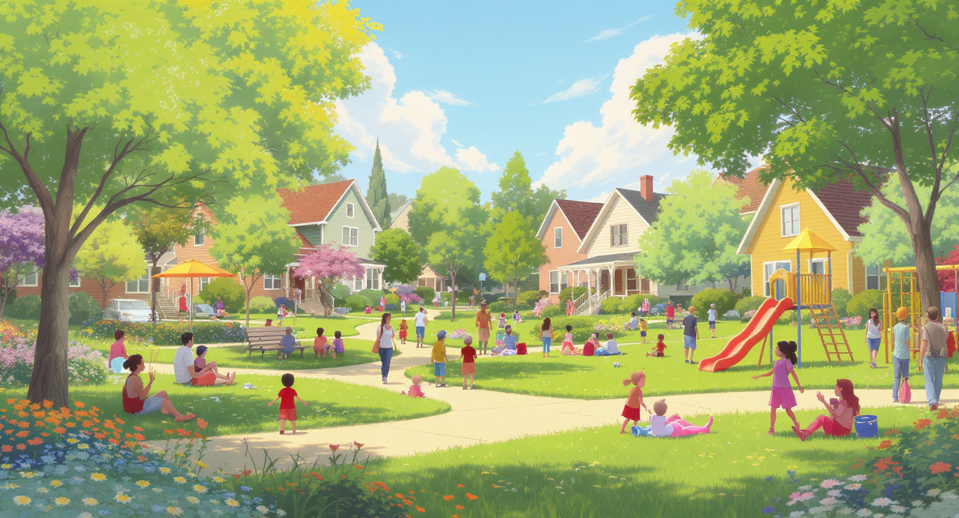 Vibrant neighborhood park filled with families interacting and children playing.
