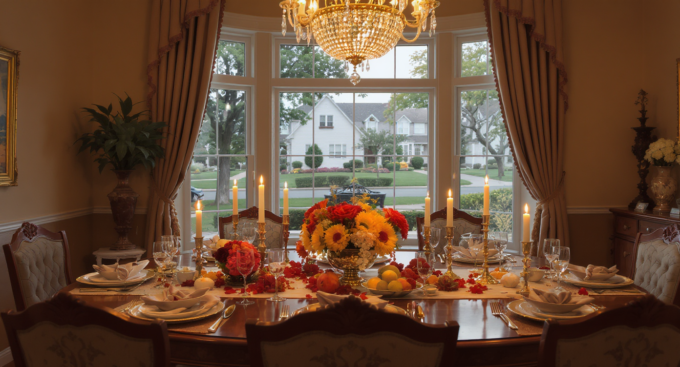 Tastefully decorated dining room set for a family gathering, with vibrant flowers.