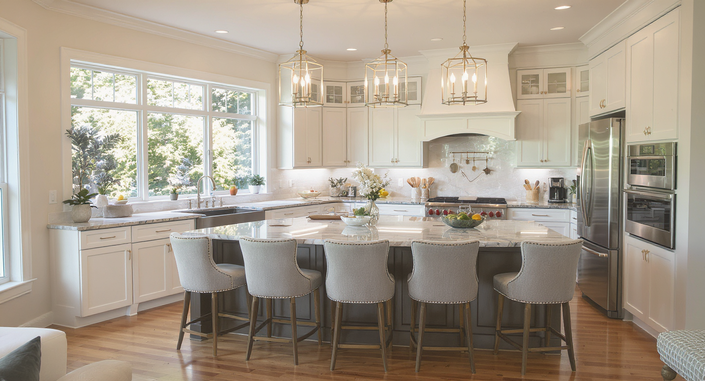 Inviting kitchen with white cabinetry, marbled countertops, and views of nature.