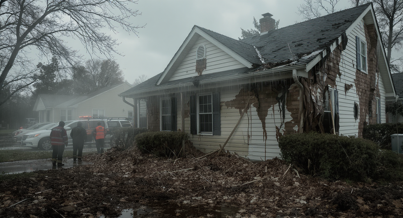Suburban home showing signs of flood damage with emergency crews at work.