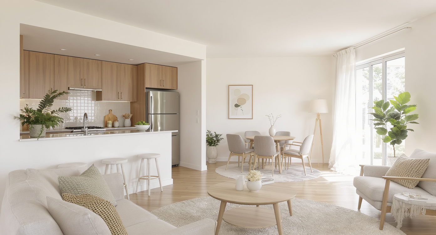 Accessible living room designed for comfort with wide hallways and modern features.