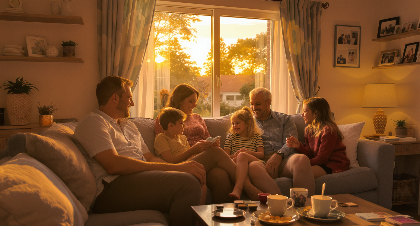 Family gathered in a cozy living room, enjoying a fun game together during sunset.