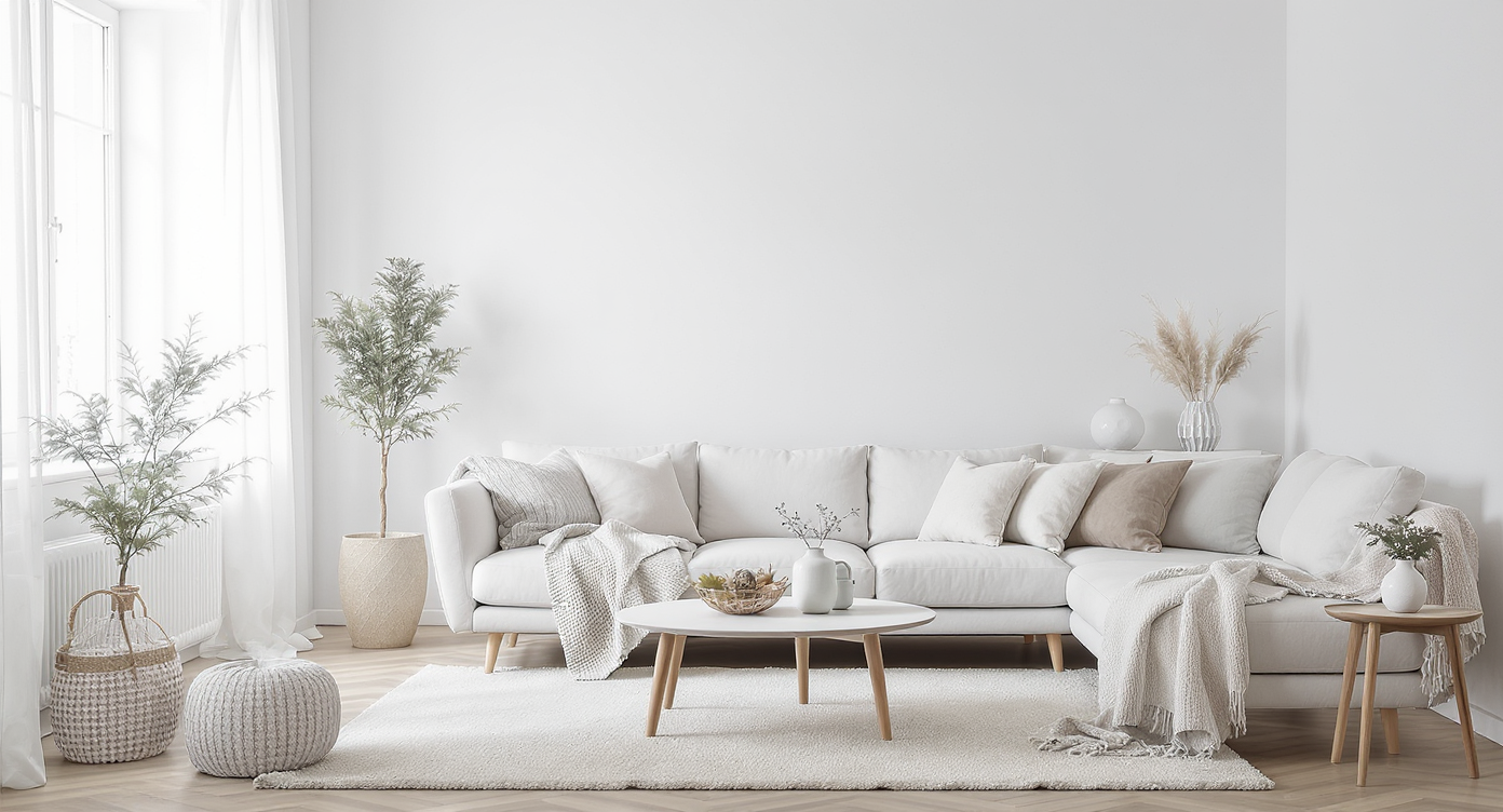 A minimalistic living room showing sparse winter decor and a calming atmosphere.