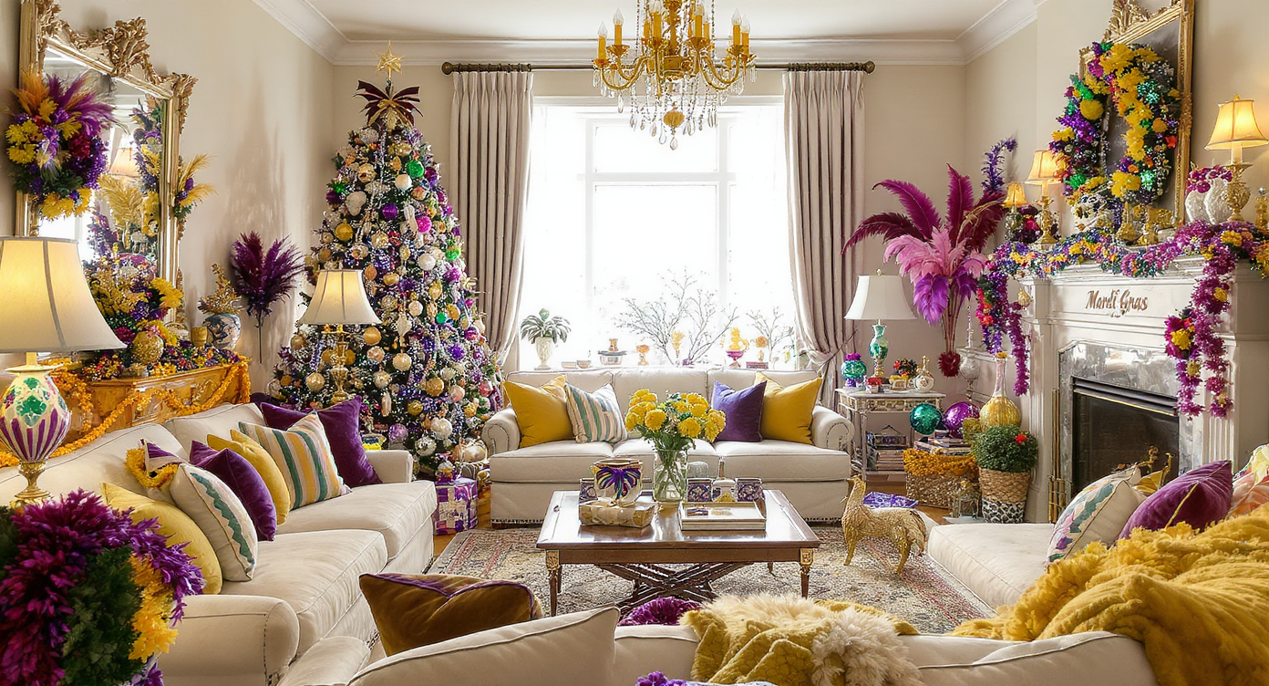 A living room featuring a mix of Christmas and Mardi Gras decorations with vibrant colors.