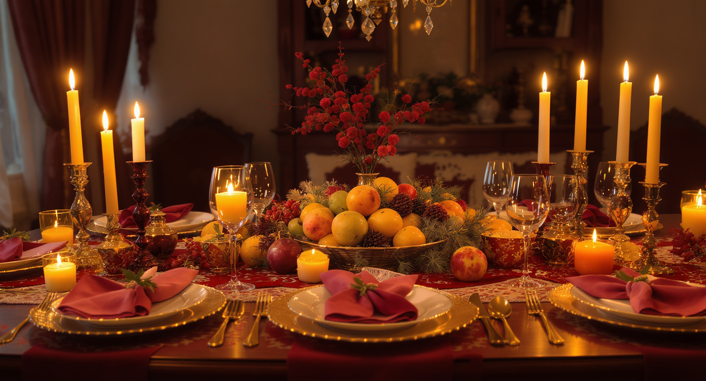 A dining table set for Epiphany celebrations with candles, fresh fruits, and elegant tableware.