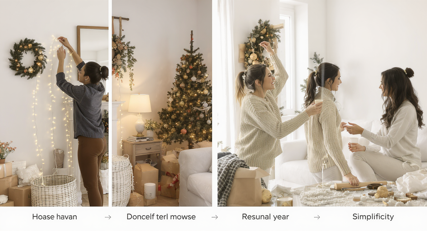 A homeowner gently removing Christmas decorations in a calm home environment.