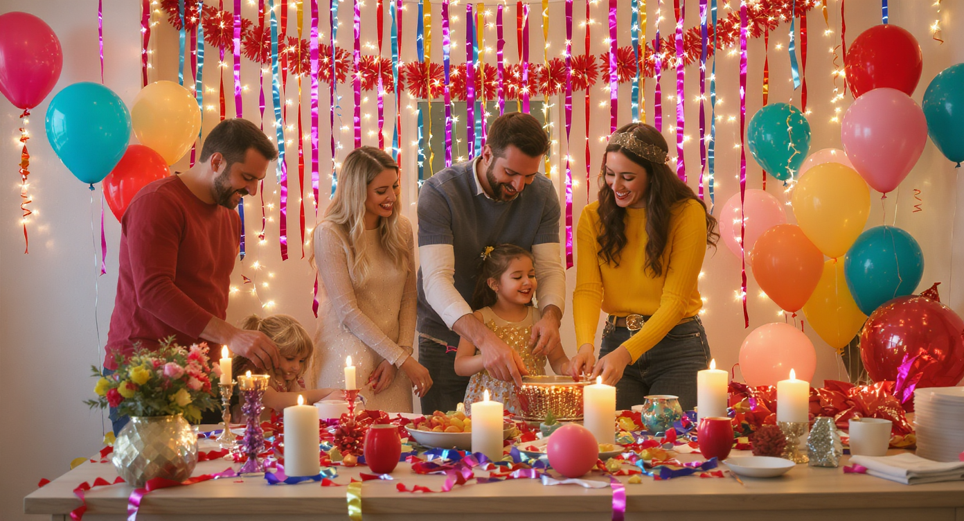 A family preparing for New Year's celebrations with colorful decorations and joyful expressions.