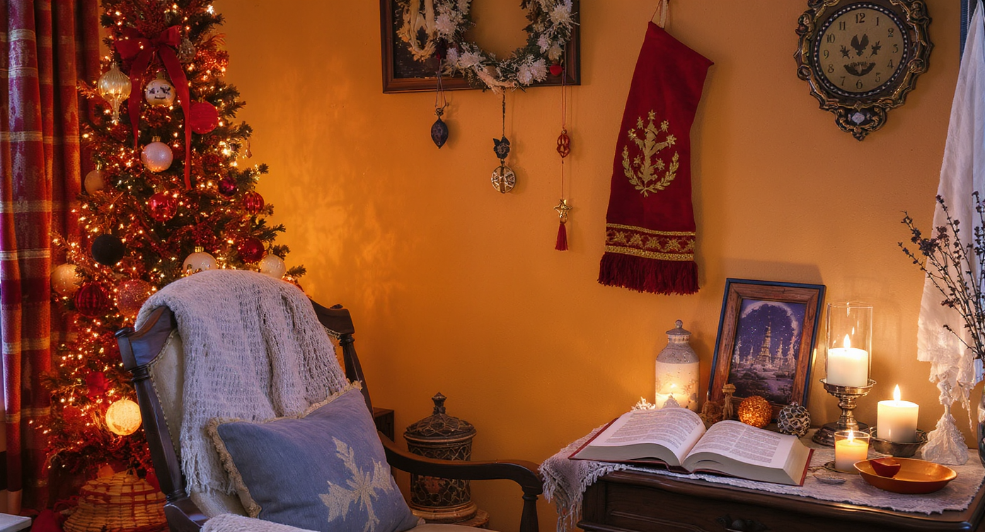 A cozy home corner with a mix of Christmas and superstitious decorations and an inviting chair.