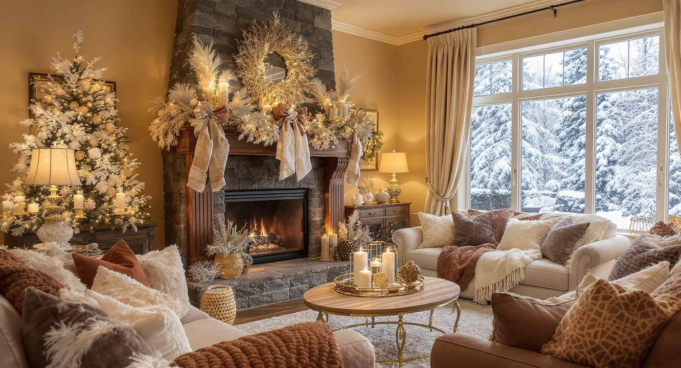 A cozy living room with winter decorations, a lit fireplace, and snow falling outside the window.