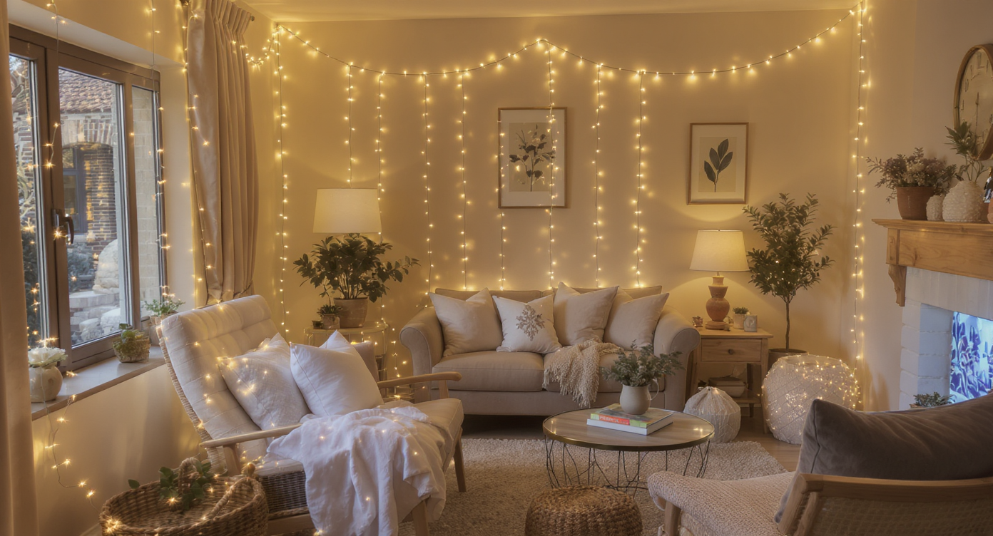A home featuring year-round twinkle lights and neutral decor creating a warm charm.